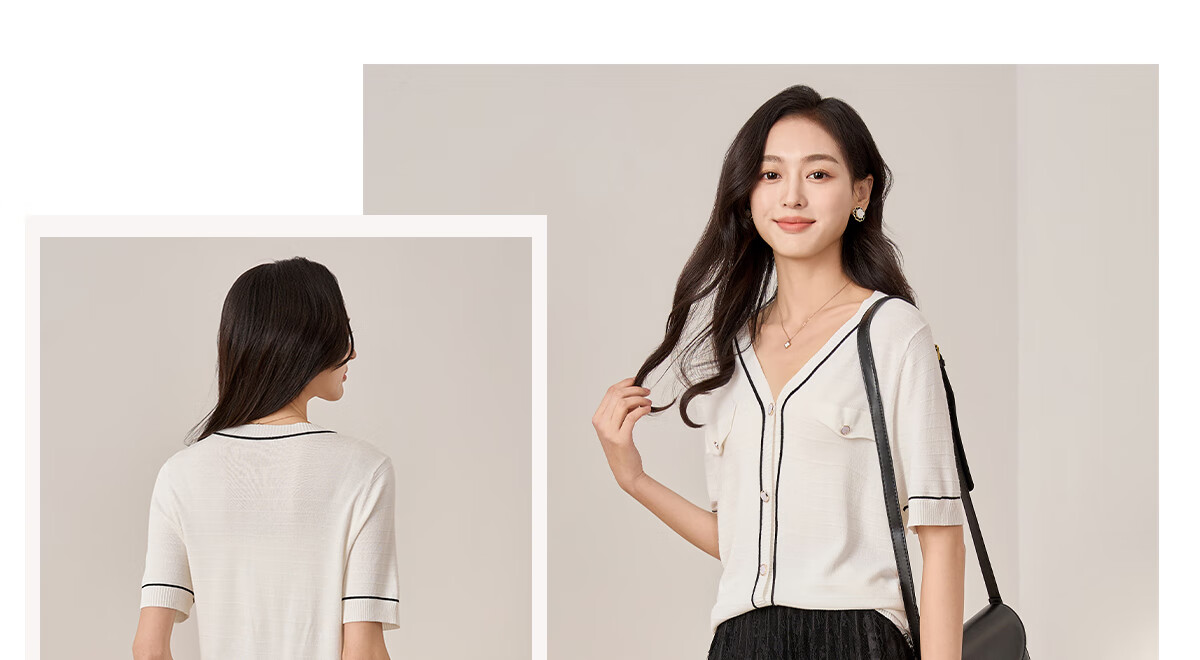 Chushen Summer Short-Sleeve T-Shirt for Women, Fashionable Elegant Chanel-Style V-Neck Thin Knitted Cardigan Top S13KT1431 13