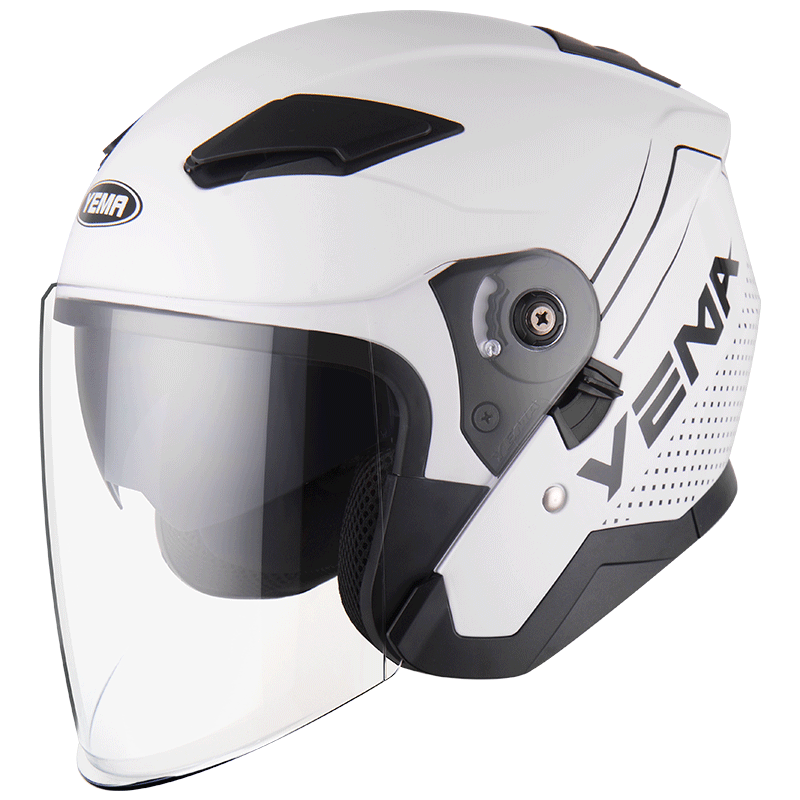 YEMA 3C Certified 639S Electric Motorcycle Helmet, Men's Winter Dual-Lens Safety Helmet, Women's Electric Scooter Half Helmet, All-Season Universal Size, White with Striped Pattern And Clear Visor
