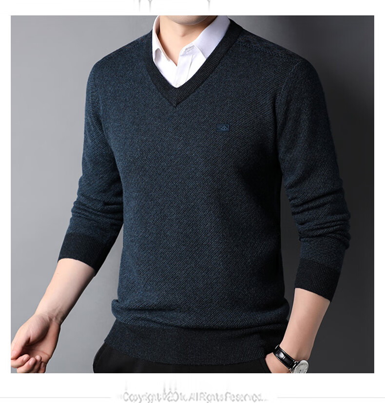 Hengyuanxiang 100% Pure Wool Men's V-Neck Thick Sweater Heart-Shaped Collar Men's Clothing 15213601 Blue Black 170/88A 2