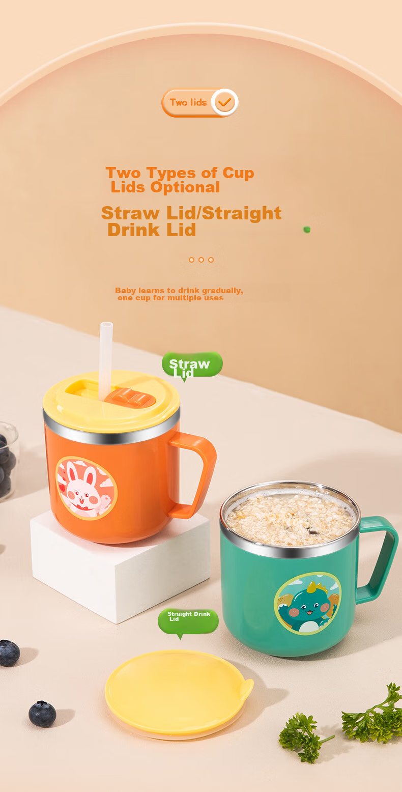 COOKSS Children's Water Cup Milk Cup 316 Stainless Steel Training Cup for Babies 1-3 Years Old with Straw And Scale Markings Gree 4