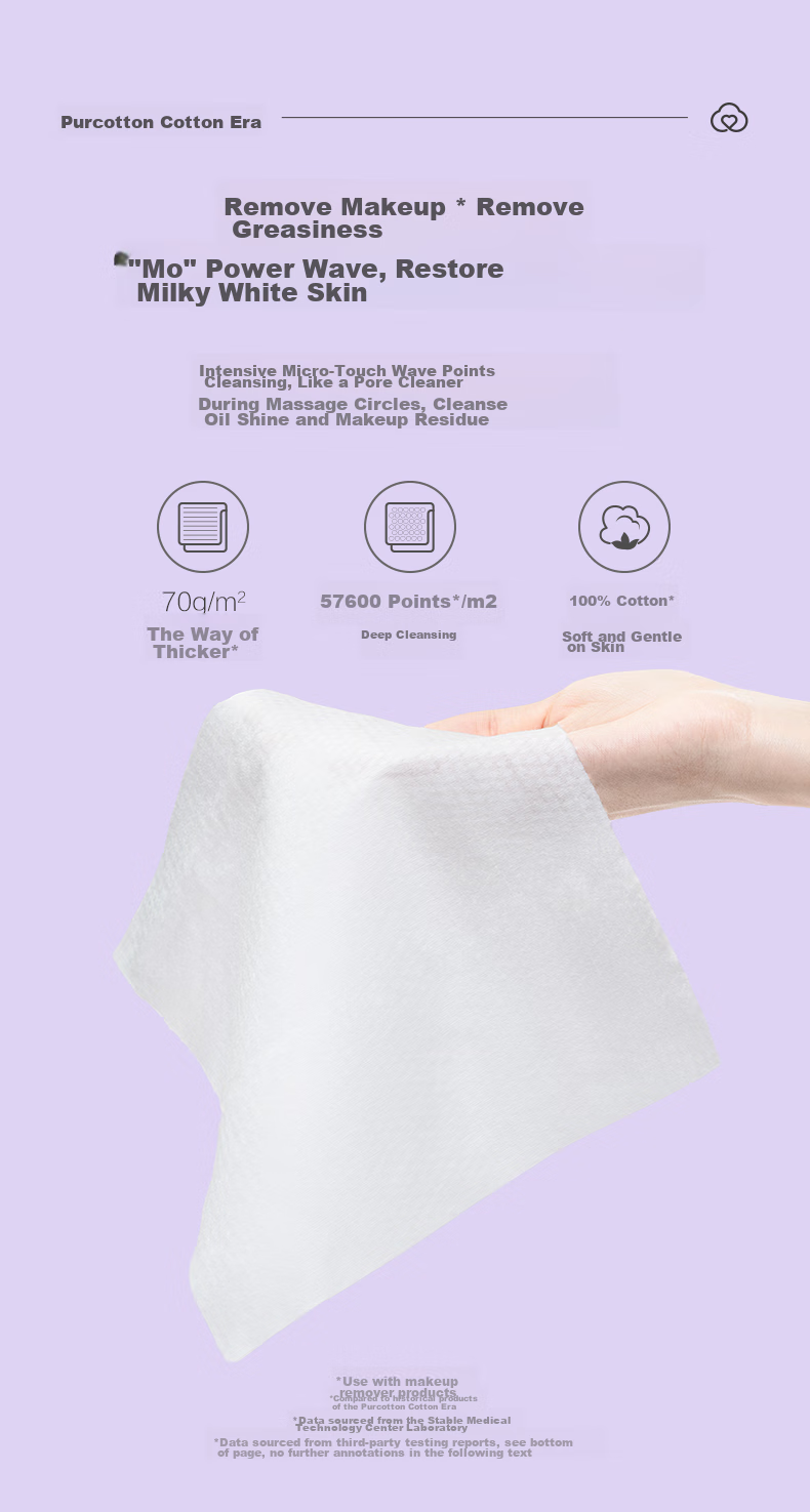 PurCotton Facial Cleansing Wipes, 70 Sheets * 4 Rolls, Thickened 100% Pure Cotton Soft Tissues, Disposable Face Towels, 20*20CM 4