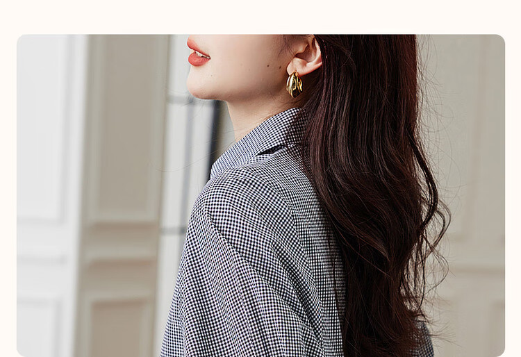 Dme [Furei Lian Ge] Summer V-Neck Shirt with Collar, Vintage Plaid Comfortable Slimming Blouse Women's Top 4