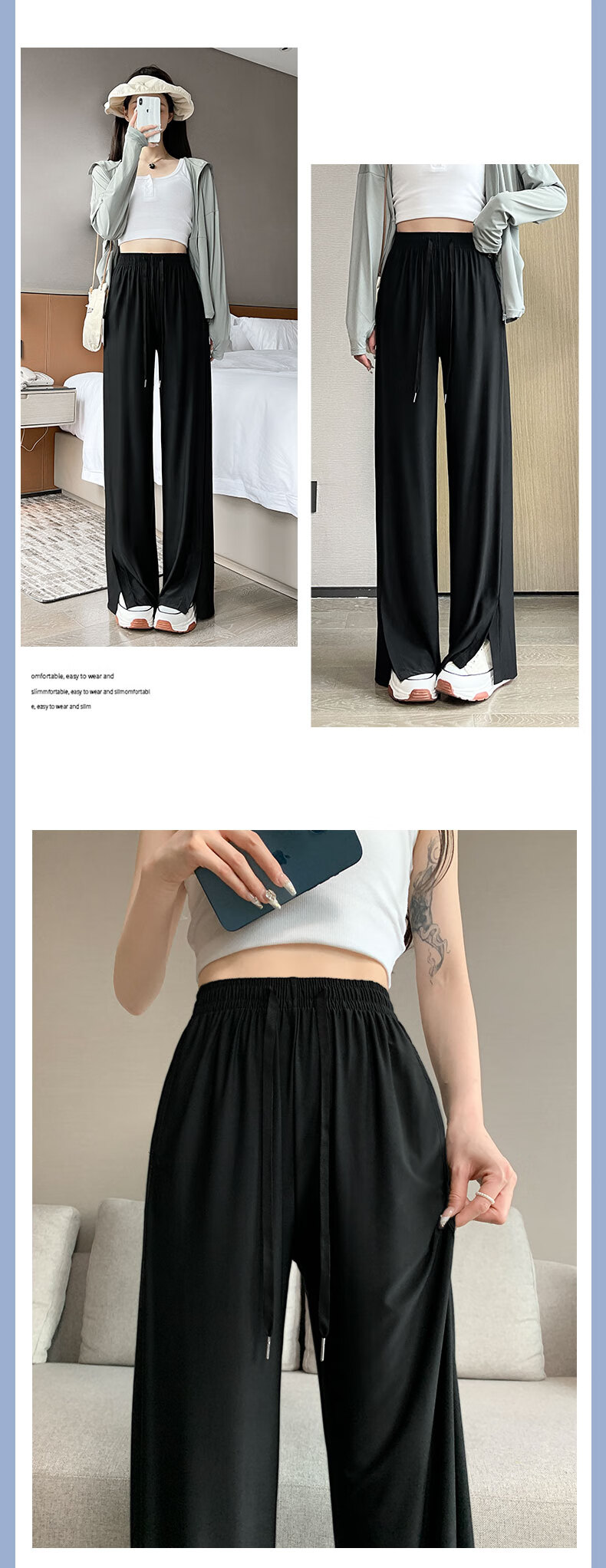 LangSha Ice Silk Wide-Leg Pants for Women, Summer Lightweight High-Waist Draping Loose Casual Straight-Leg Slimming Side-Slit Sports Sun Protection Women's Trousers 21