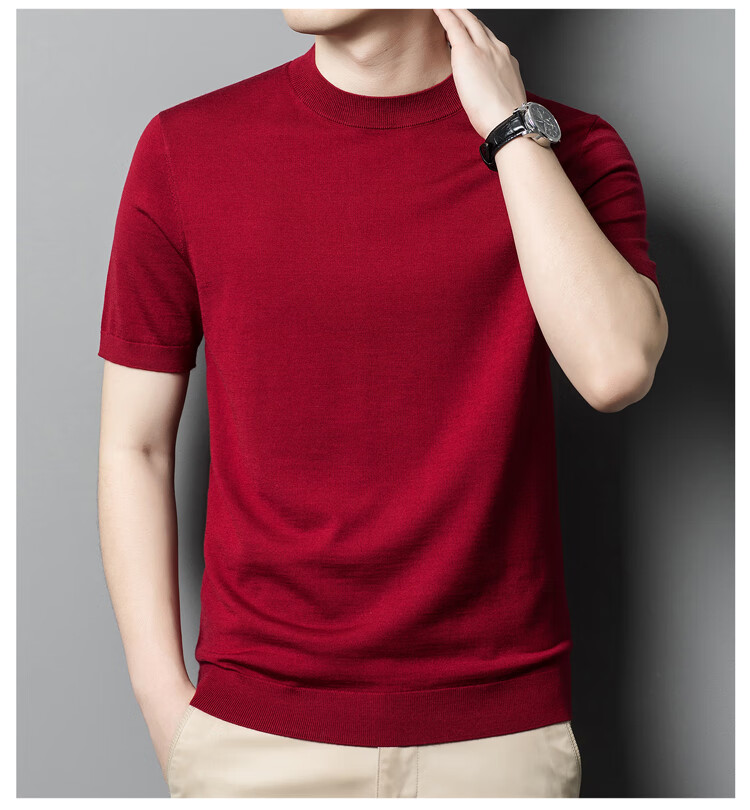 Hengyuanxiang Washable Fine-Spun Wool Sweater for Men, Thin Round Neck Short Sleeve Knitted T-Shirt Pullover, Bright Red, Size 165 19