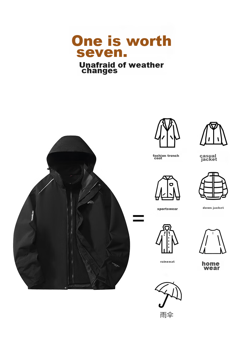 Huili Three-In Jacket for Men, Autumn And Winter Fleece-Lined Outdoor Windproof Mountaineering Coat, Men's Clothing, Black, 3XL 7