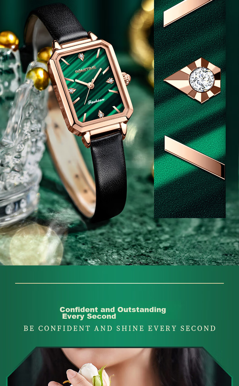 ROMITIME Women's Quartz Watch, Fashionable Elegant Light Luxury Retro Small Green Square Watch, Versatile Student Trendy Wristwatch 8