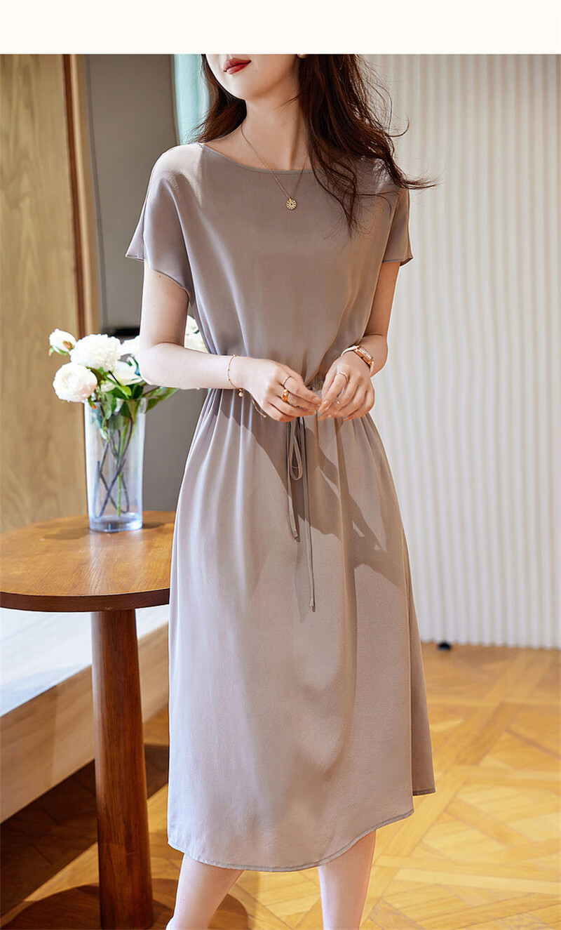 Dme Spring And Summer Silk Dress, High-End Mulberry Silk New Style Round Neck Seamless Shoulder Straight Silk Mid-Length Women's Dress 11