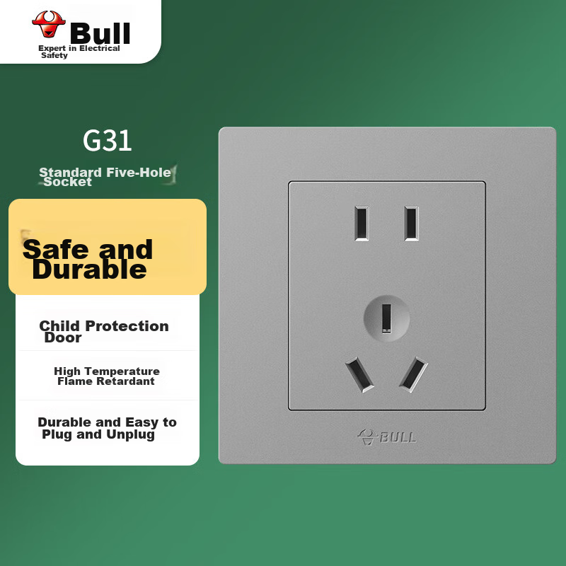 BULL Switch Socket, G31 Series, 10A Five-Hole Socket, 86-Type Socket Panel, G31Z223S, Space Gray
