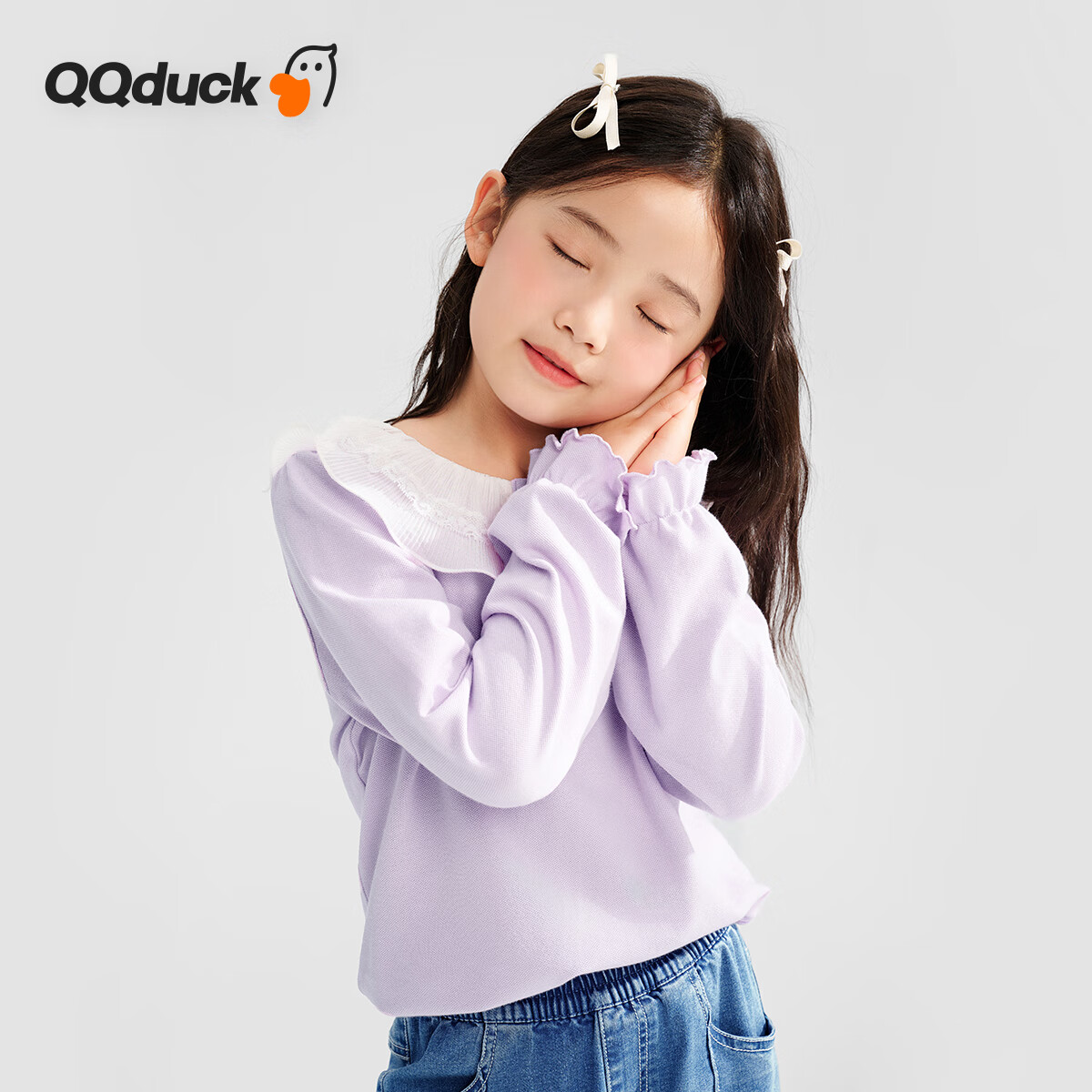 QQ DUCK Children's Clothing Long Sleeve Girls' Polo Shirt Top Youth Clothing Mesh Doll Purple; 120