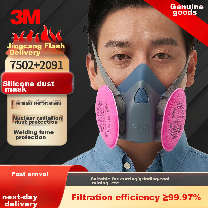 3M 7502+2091 Silicone Dust Mask for Welders, Smoke Protection Specialized Respirator, Industrial Dust P100 Filter Cotton Firefighting Mask