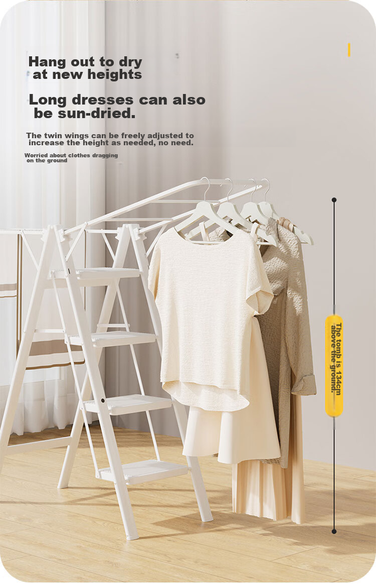 DU PONT Ladder, Household Clothes Drying Rack, Dual-Purpose Multifunctional Folding A-Frame Ladder, Widened Clothesline, No Installation Required [Yao Black], 5 Steps 14