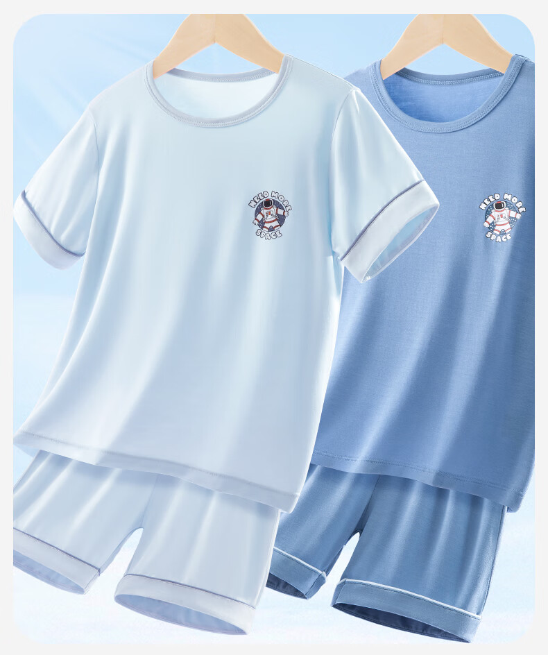 Duomiaowu Children's Pajamas, Boys' Summer Thin Modal Short-Sleeve Home Wear Set, for Older Children, 10838 Deep Sea Blue, Size 140 1