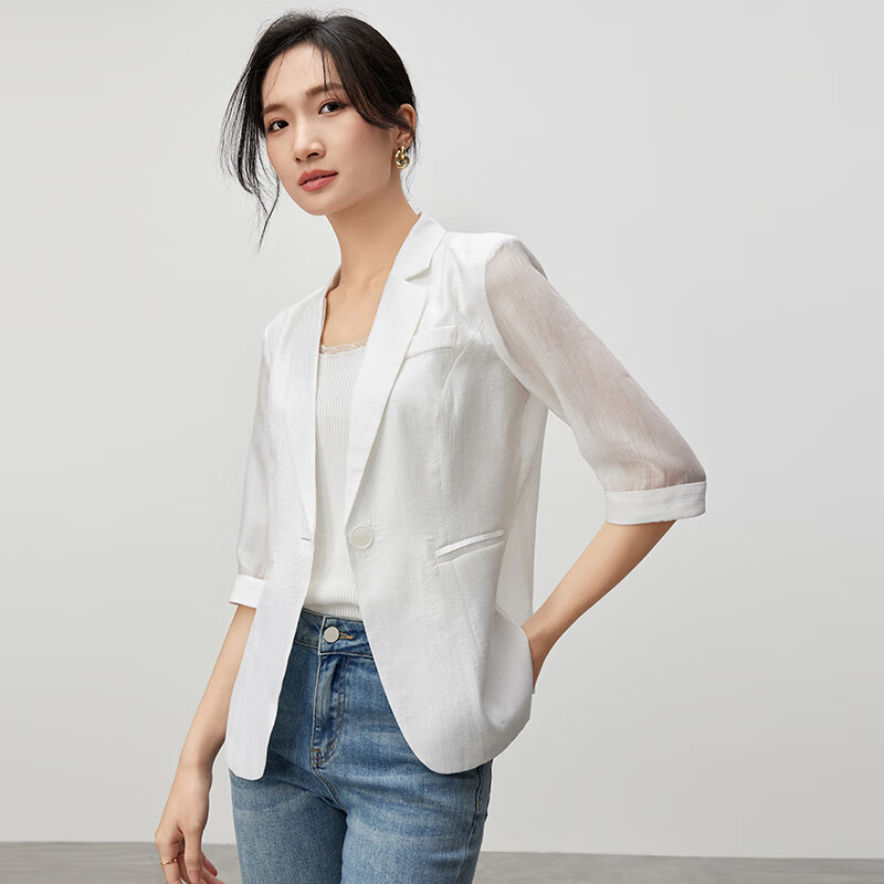 Fan Qin Yili Kuo Suit Jacket for Women, 2024 Elegant Five-Quarter Sleeve Commuter Professional Style, 442X73049, White, M