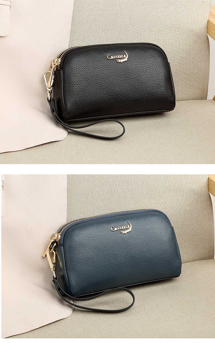CROCODILE Goddess Festival Double Zipper Top-Grain Leather Wristlet, Women's Clutch Bag, Simple Long Wallet T2008 Black 4