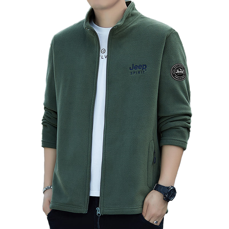 JEEP SPIRIT Men's Jacket, Autumn And Winter Korean-Style Fleece Coat, Stand-Up Collar Top for Men, Army Green, 3XL