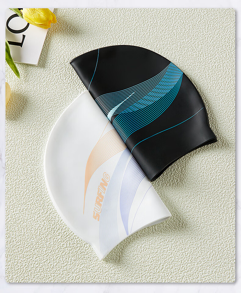 361° Adult Silicone Swim Cap for Men And Women, Waterproof Comfortable Non-Binding Large Head Circumference Swimming Printed Cap, Black 9