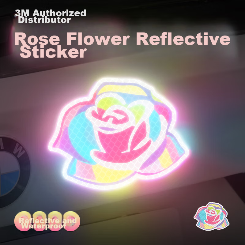 3M Reflective Warning Tape Label Night Glow Sticker for Electric Bikes Motorcycles Cars Scratch Cover Diamond Grade - Multicolor Rose - 11.3cm*9cm (1 Piece/bag)