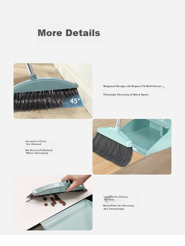 MENGTING Comb-Toothed Windproof Broom And Dustpan Set, Stainless Steel Handle Broom And Dustpan Combo Two-Piece Set, Gree 8