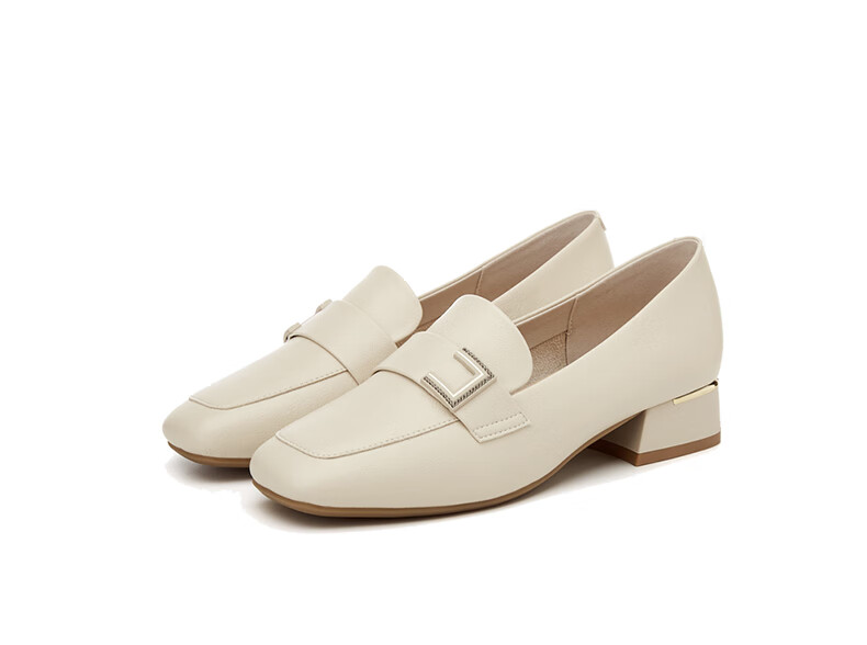 DAPHNE Women's Single Shoes, Retro Square Toe with Buckle Loafers, Chunky Heel Slimming Slip-On Commuter Shoes 4623101007 Beige 39 20