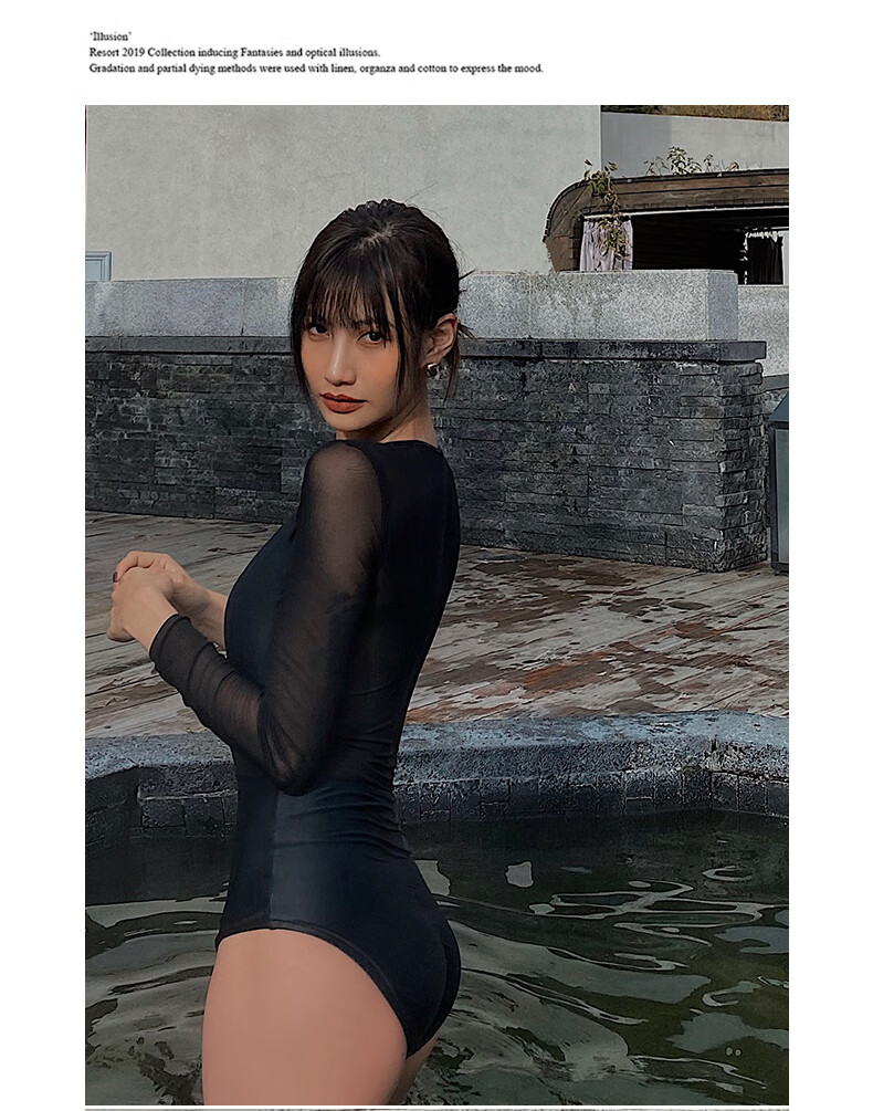 OMOM One-Piece Swimsuit for Women, Black High-Waist Slimming Tummy-Covering Mesh Spliced Long Sleeve Student Hot Spring Swimming Suit L 12