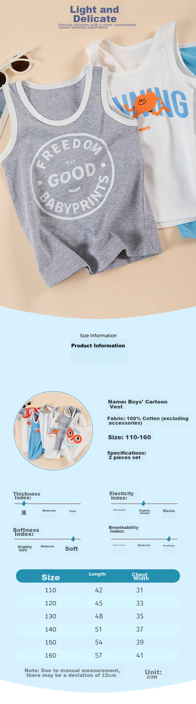 Babyprints Children's Tank Top Boys' T-Shirt Summer Sleeveless Undershirt Little Boy's Top Pure Cotton 2-Piece Set Red 150 3