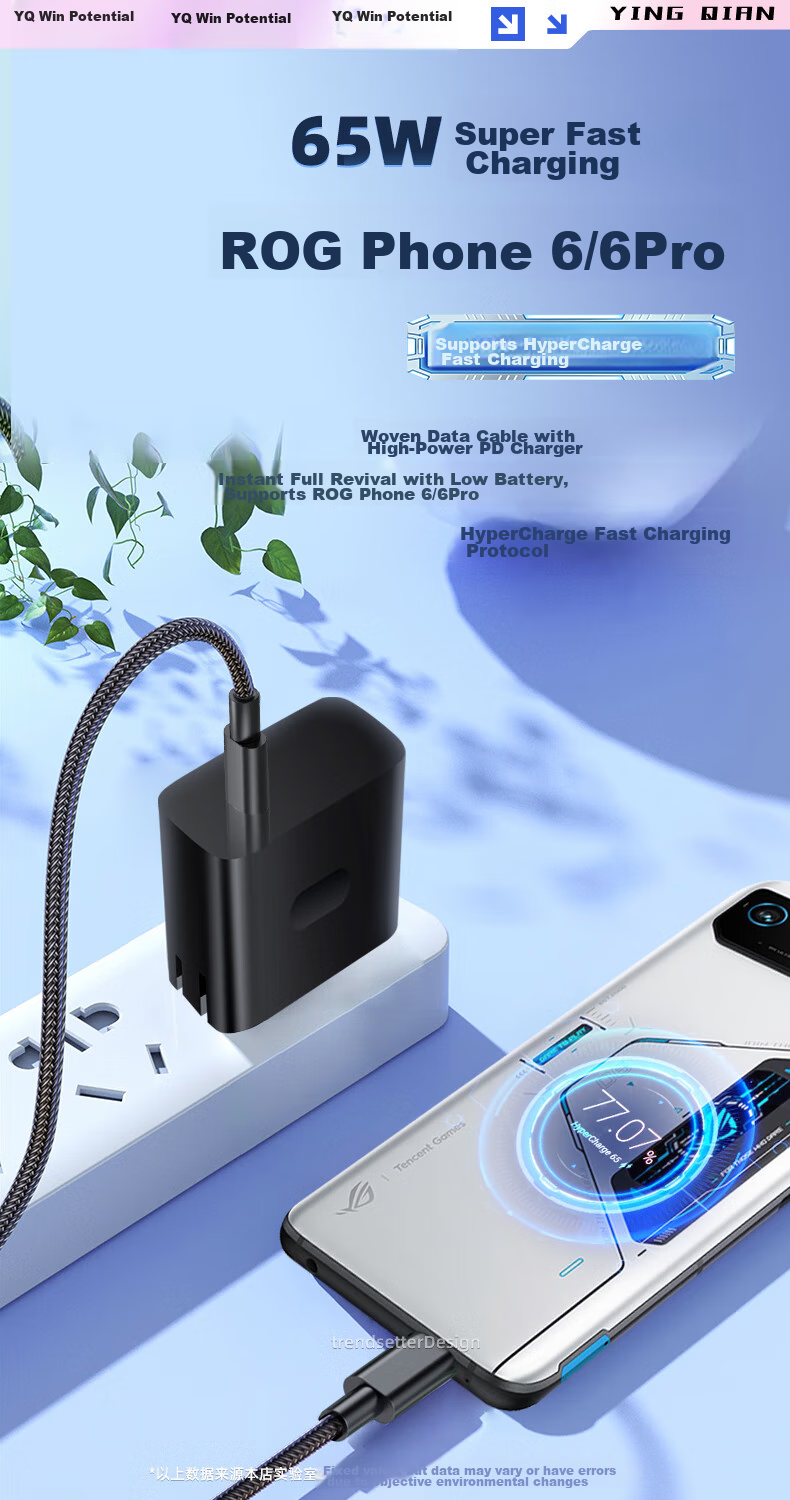Yingqian Compatible with ASUS ROG Data Cable, Dual Type-C Charging Cable, 65W PD Fast Charging, for ROG9/8/7/6/5/5s, Samsung S24/S23/S22/S21/S20 Phone Charger Cable 3