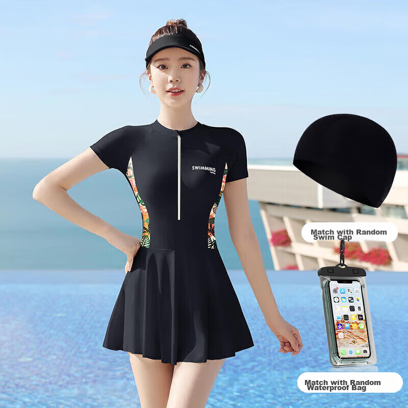 F.DYRAA Women's Swimsuit, Swimming Pool Hot Spring Student One-Piece Tummy Control Slimming Conservative Three-Piece Swimwear Set 13034 Black L