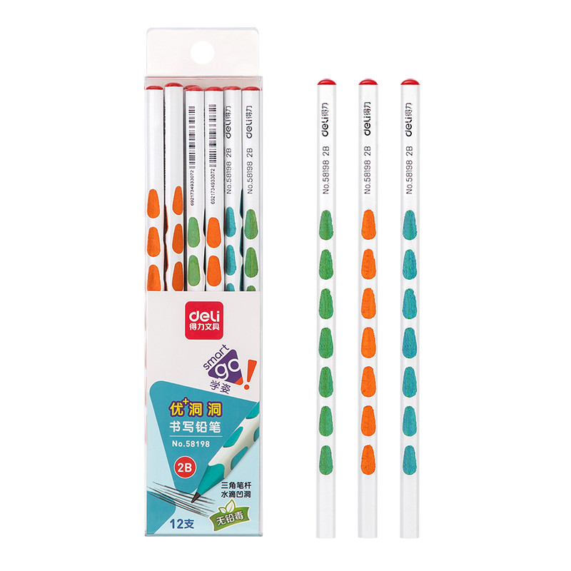 Deli Perforated Pencils, 12 Pieces, 2B Colorful Triangular Shaft Writing Pencils, Children's Posture-Correcting Pencils, Student Handwriting Practice Pencils, 58198 School Supplies for Students