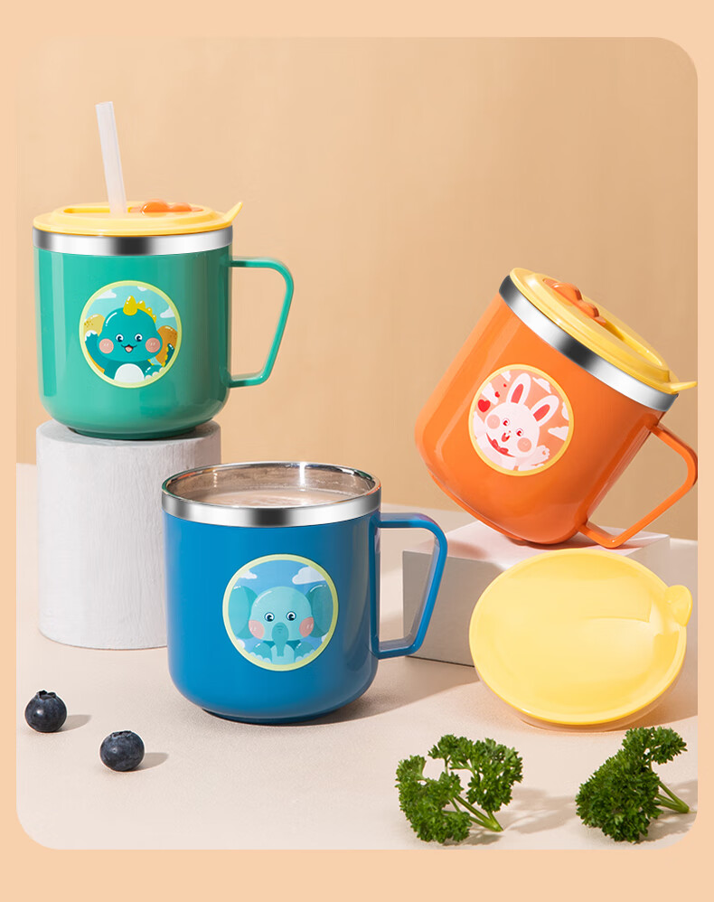 COOKSS Children's Water Cup Milk Cup 316 Stainless Steel Training Cup for Babies 1-3 Years Old with Straw And Scale Markings Gree 21