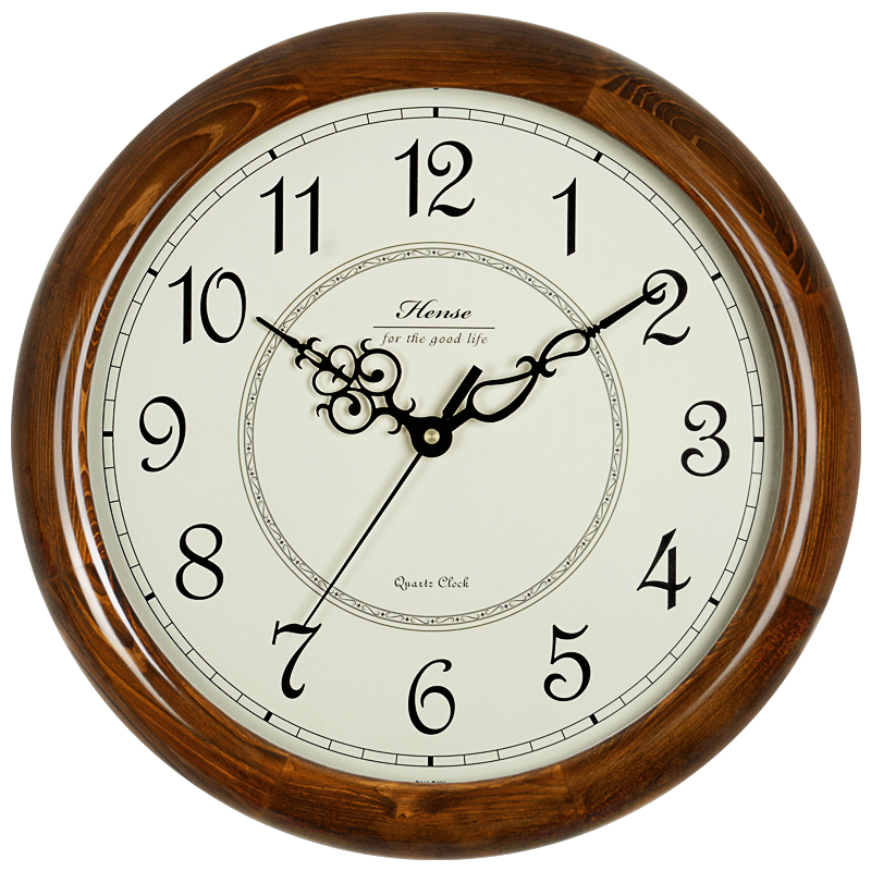 Hense Vintage Solid Wood Wall Clock, Living Room Quiet Timepiece, Chinese-Style Wall Clock, Quartz European-Style Clock, Wall-Mounted HW18, Brown, 38cm