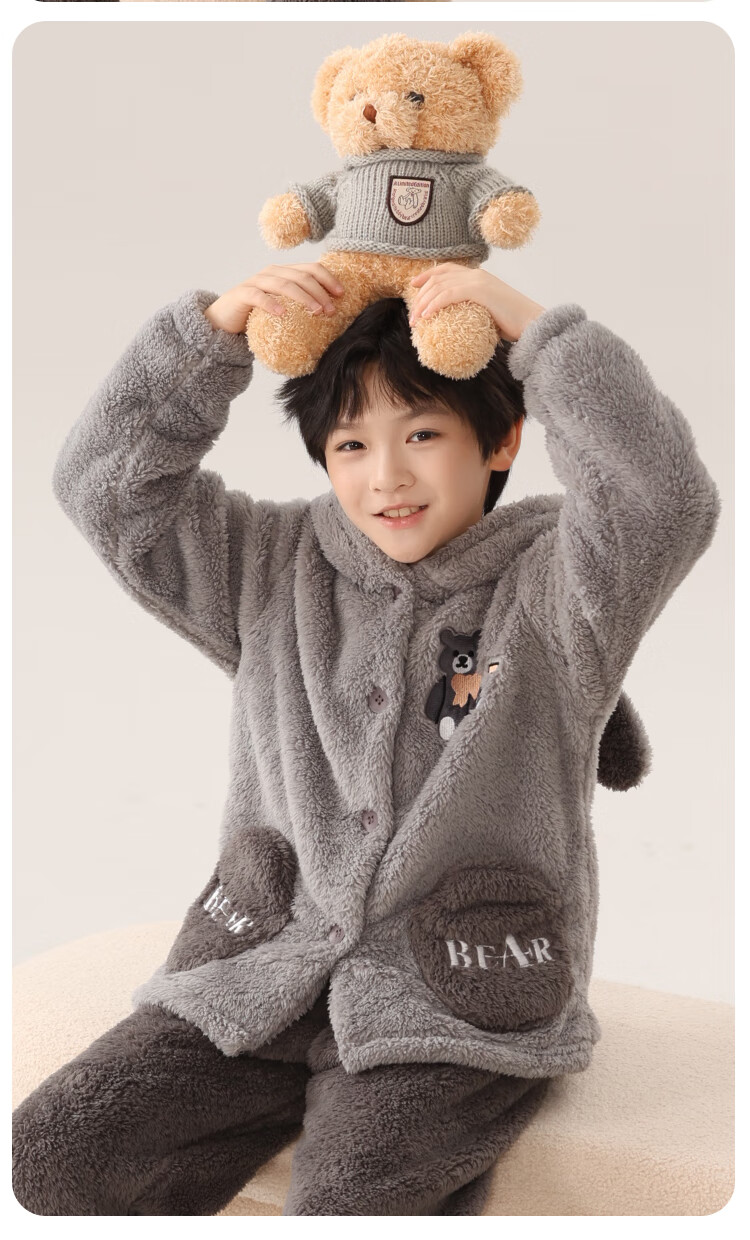 MiiOW Coral Fleece Children's Pajamas, Boys' Set, Thick Flannel Bear Hug Loungewear, New Autumn And Winter Style 2024, Size 150 9