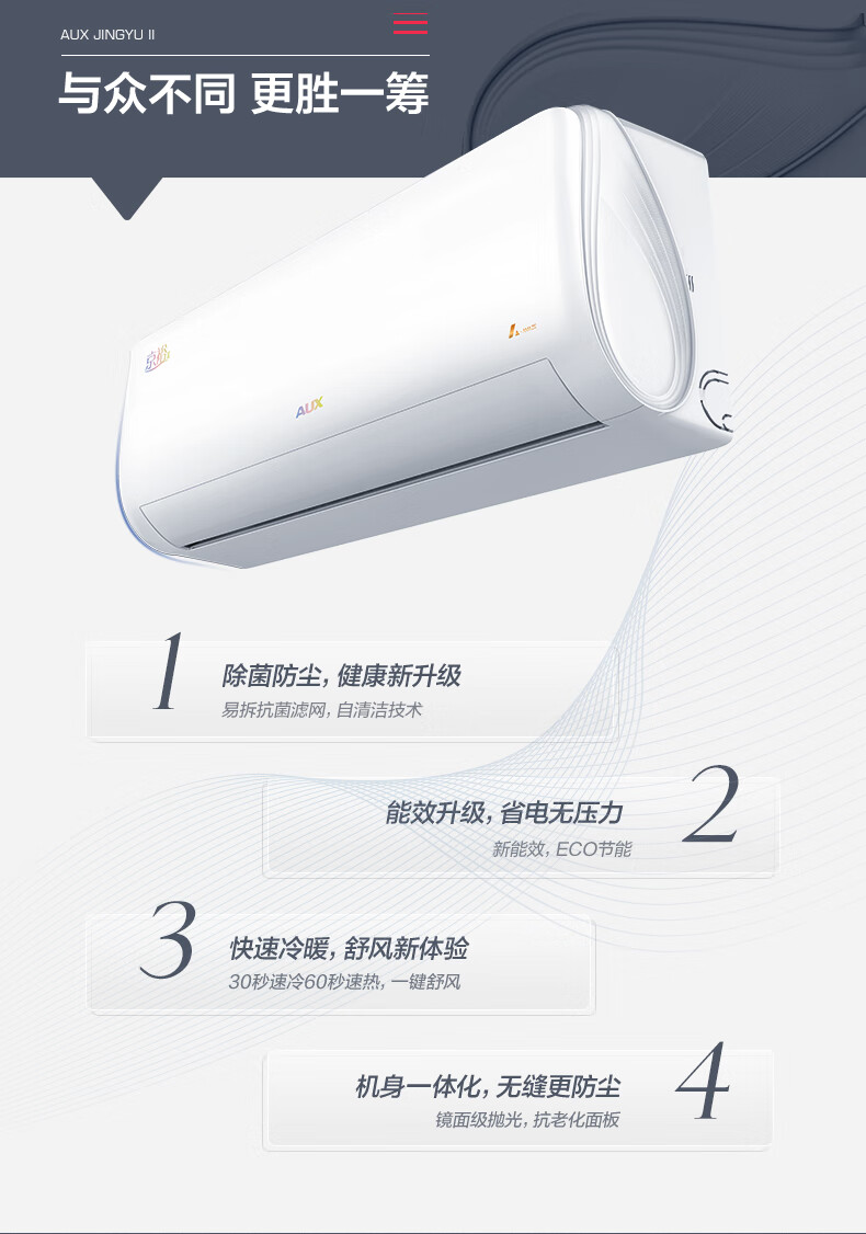 37821-奥克斯 (AUX) 1.5匹 新3级能效 易拆银离子滤网 变频冷暖 京裕Ⅱ空调挂机(KFR-35GW/BpR3AQE1(B3)) 以旧换新-详情图
