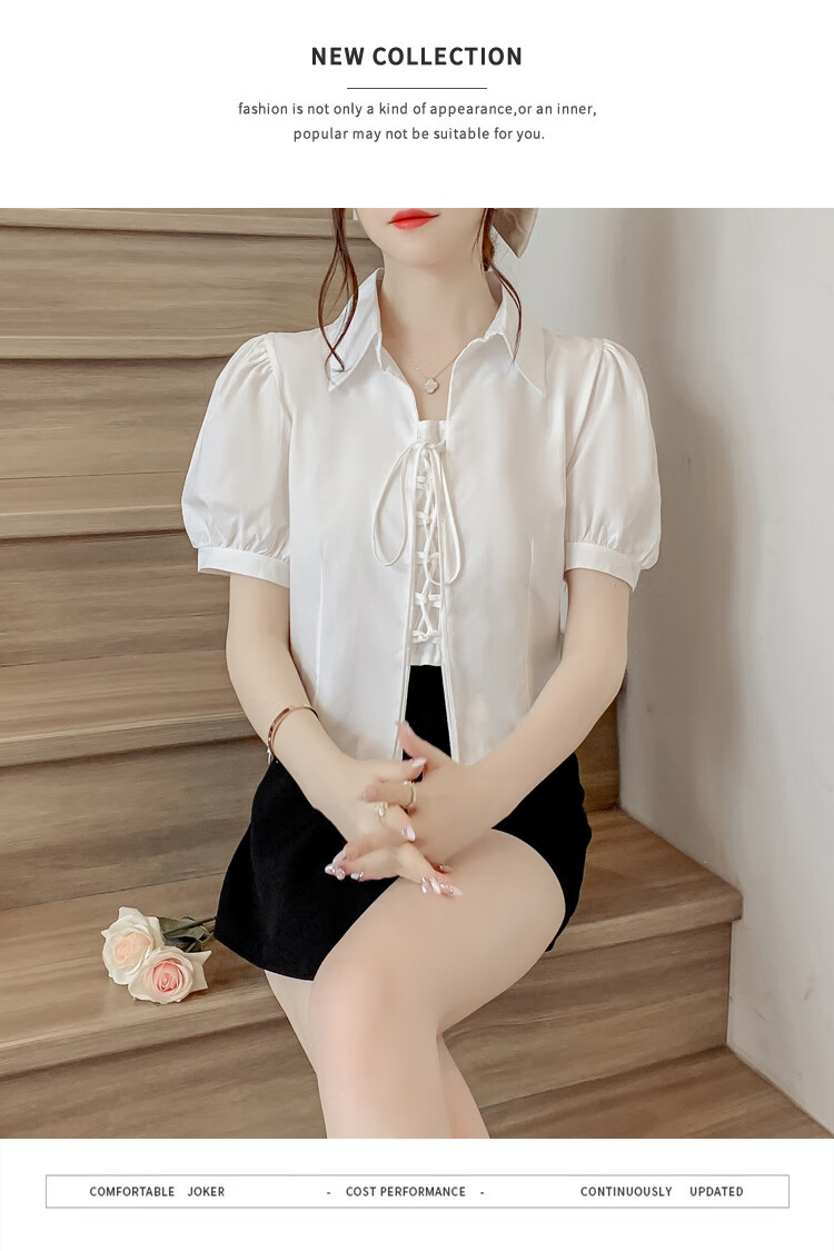 JEANSWEST Women's Summer 2025 Loose Puff Sleeve Short Sleeve Crop Shirt White L 31