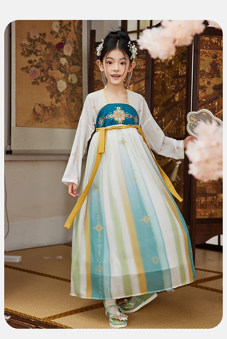 ASK JUNIOR Children's Dress Girls' Princess Dress Summer Dress for Older Children Chinese Style New Hanfu Dress Green 160 8