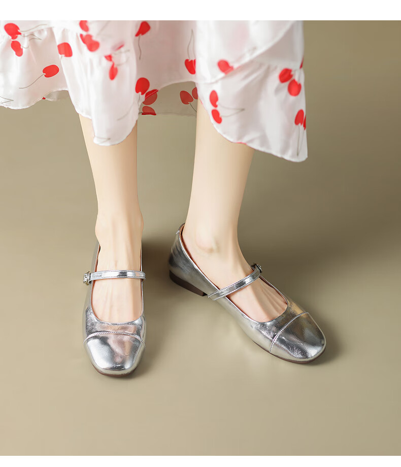 ZHR Women's Single Shoes, Autumn Shallow Mary Jane Shoes, Patent Leather with Straight Buckle, AH335 White Gold, Size 36 10