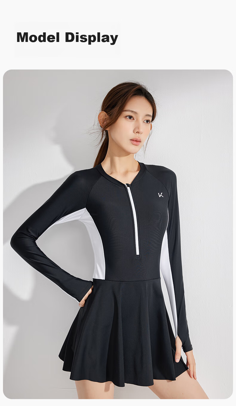 Keep Women's Long-Sleeve Professional One-Piece Swimsuit, Plus Size, Conservative Swimwear for Hot Springs, Soft Black-Gray, XXL 9