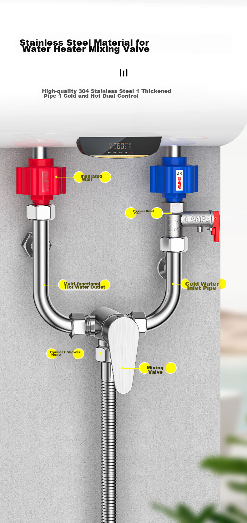 Muvi Electric Water Heater Mixing Valve Accessory, Leakage Protector, Anti-Electric Wall, Universal U-Shaped Switch, Shower Hot And Cold Water Faucet 1