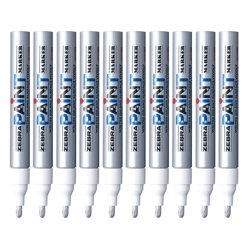 ZEBRA Paint Marker, Oil-Based Permanent Marker, Large Logistics Pen Signature Pen/Marker, PAINT-MOP, Silver, Pack of 10