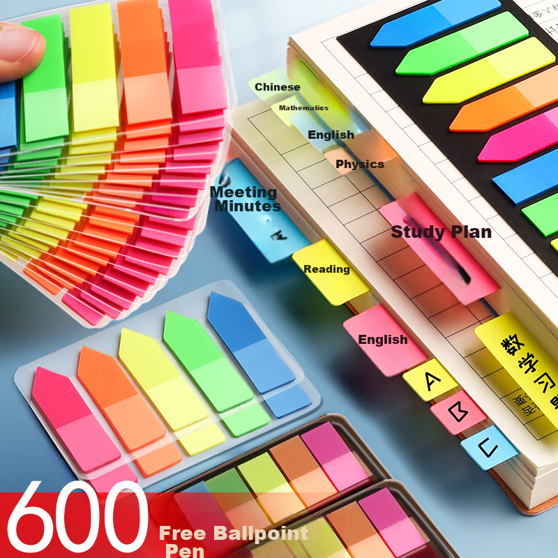 Jinzhi 600 Sheets Arrow-Shaped 5-Color Fluorescent Film Sticky Notes, Memo Pads, Labels, Transparent Waterproof Colored Note Index Strips, Indicator Labels, Bookmarks, 45*12mm