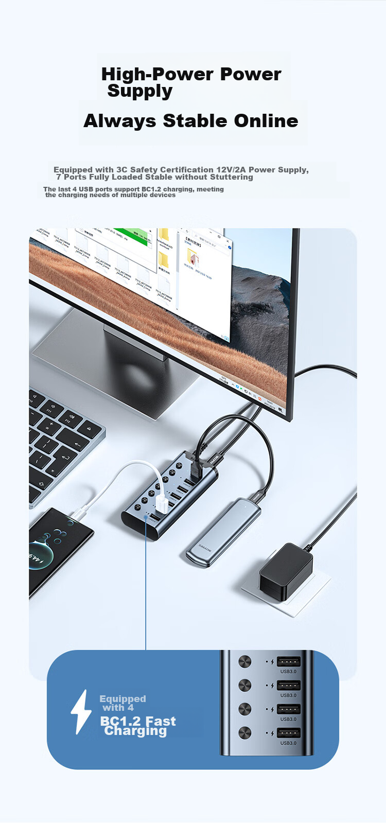 SAMZHE USB3.0 Hub, One-To High-Speed Expansion Dock, Laptop Hard Drive Keyboard Mouse Hub, 7-Port HUB Extension Cable, 1 Meter HB307 5