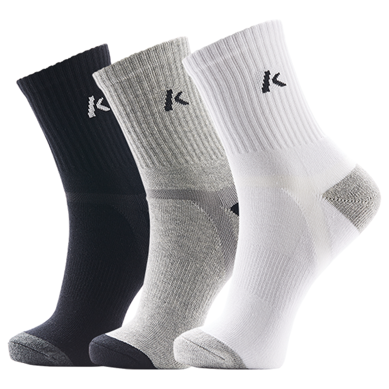 KAWASAKI Badminton Socks, Running Sports Socks, Breathable Men's Thickened Terry Mid-Length Socks, 3 Pairs Pack, R142D Black White Gray