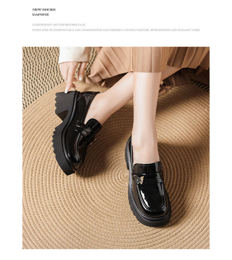DAPHNE Thick-Soled Loafers for Women, Versatile And Fashionable Shoes, JK Academy Style Black British-Style Leather Shoes for Women, Black, Size 35 8