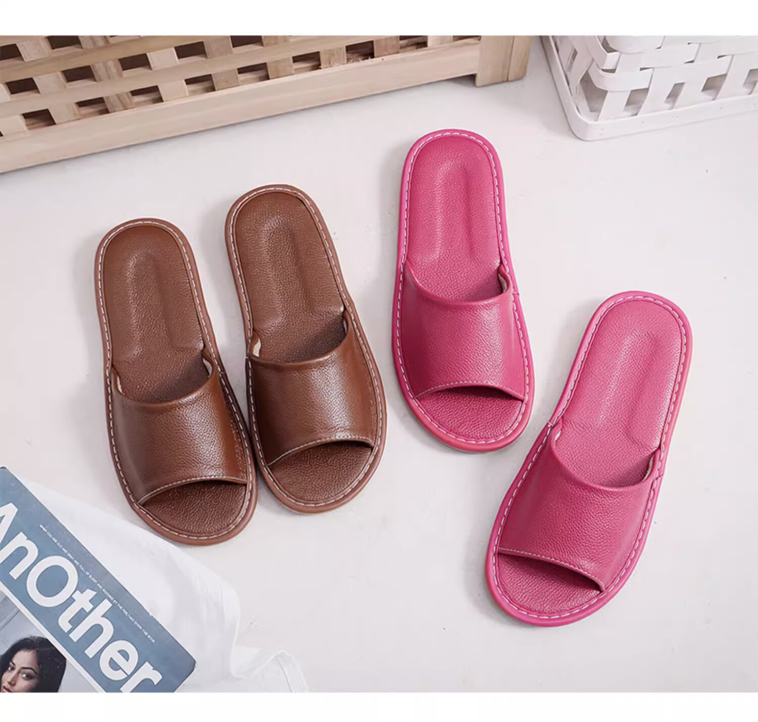 GUOLUOFEI Genuine Leather Home Slippers for Men, Summer Indoor Non-Slip Waterproof Cowhide Sandals, Soft-Soled Home Slippers for Wome 6