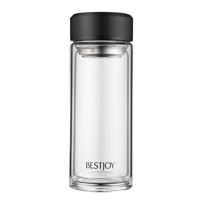 FUGURNG BESTJOY Double-Layer Glass Cup Portable with Lid, Men's Business Water Bottle, Insulated Office Tea Cup, 520ml Black