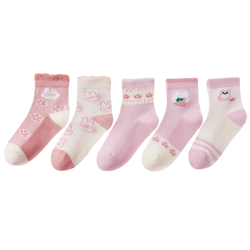 LangSha Children's Socks for Girls, Summer Thin Mesh Socks, Mid-Calf Socks for Older Kids And Toddlers, Student Socks, 5 Pairs, Floral Pattern, 2XL Size