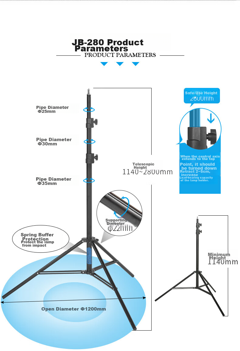 JINBEI EQ Series Portable Aluminum Photography Light Stand, Studio Photography Light Tripod, Outdoor Photography Flash Stand, Live Streaming Photography Light Bracket EQ-250 Steel Pipe Light Stand with Load Capacity of 5KG 2