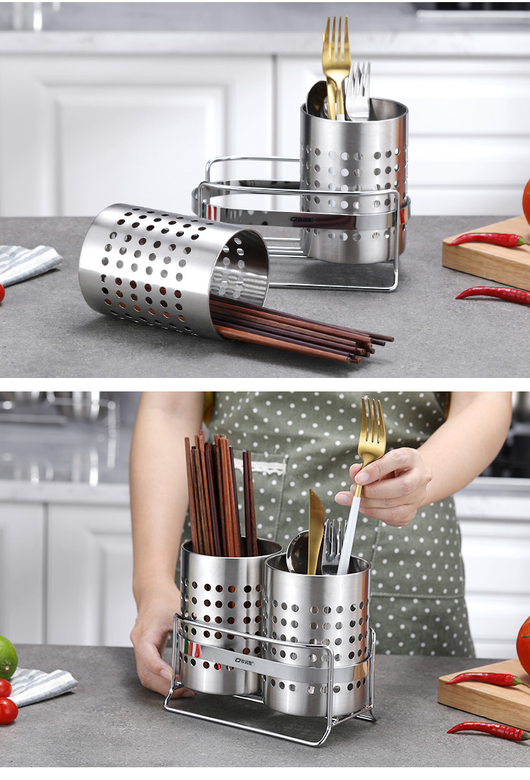 Ourunzhe Chopstick Holder, Stainless Steel Double-Tube Chopstick Storage Rack with Tray, Kitchen Draining Organizer, Chopstick Cage 2