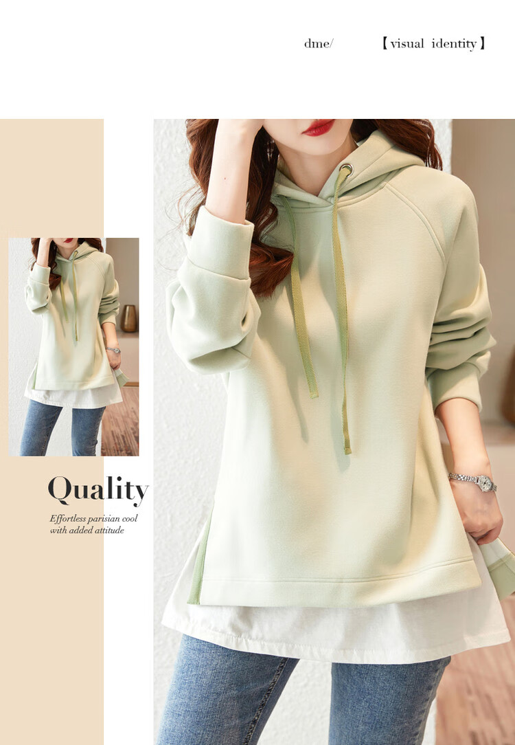 Dme [Split-Style Craftsmanship] Spring And Autumn Hooded Loose Casual Slightly Elastic Long-Sleeve Women's Sweatshirt, Light Water Green, S 12