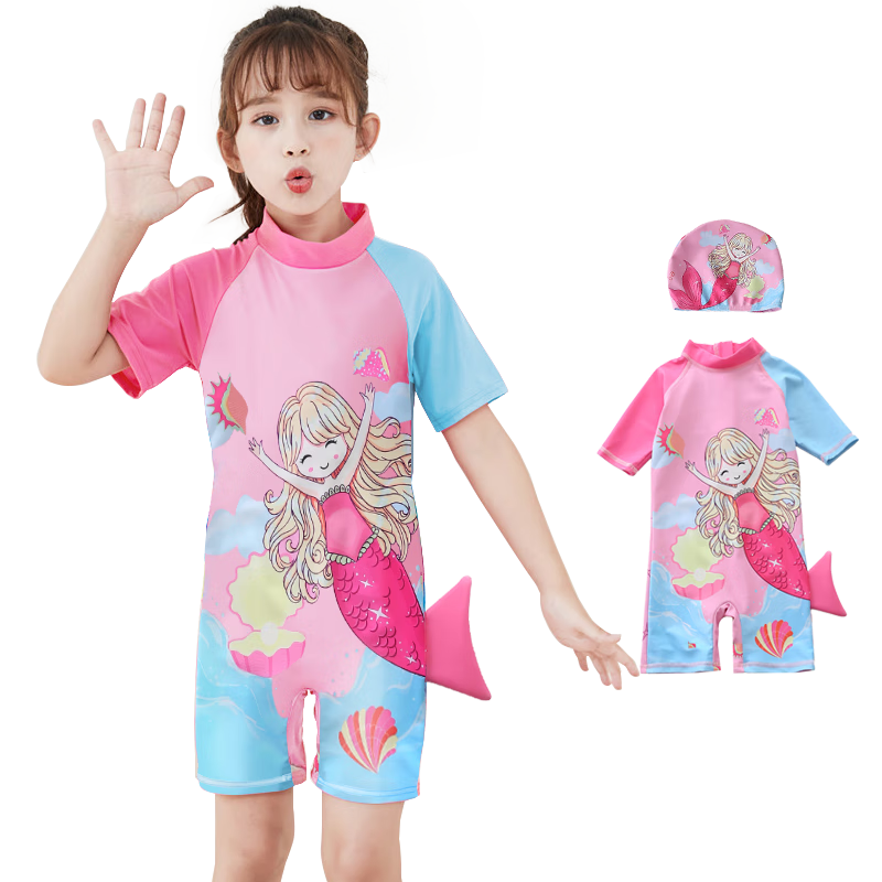 9i9 Kids Girls One-Piece Hooded Mermaid Fairy Tale Sun Protection Quick-Dry Hot Spring Swimsuit B102 Peach Blue M