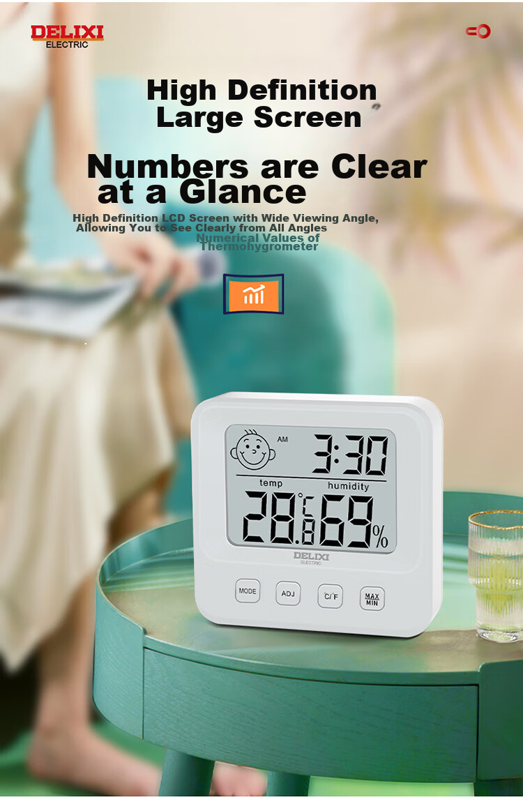 DELIXI ELECTRIC Temperature And Humidity Meter, Baby Room Thermometer, Wall-Mounted And Stand-Up Dual-Use Electronic High-Precision Wall-Mounted Indoor Home Alarm Clock 8